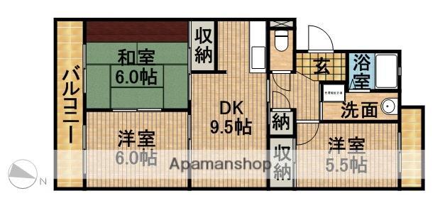 東海道本線 袋井駅 バス乗車時間：20分 県営住宅入口バス停で下車 徒歩4分 3階建 築29年(3DK/3階)の間取り写真