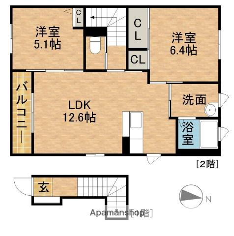 ウイングヒル(2LDK/2階)の間取り写真