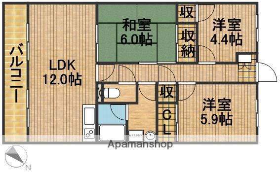 長屋マンション(3LDK/1階)の間取り写真