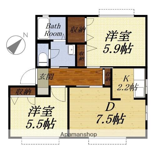 東海道本線 袋井駅 バス乗車時間：18分 月見の里学遊館東バス停で下車 徒歩2分 2階建 築23年(2DK/1階)の間取り写真