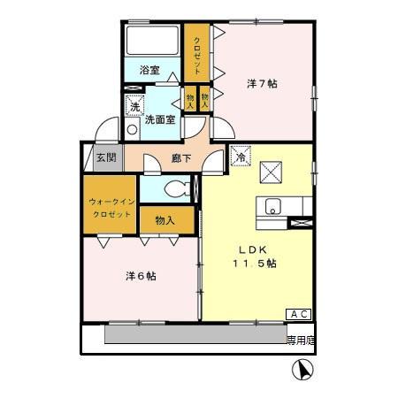 セジュール サンピア B(2LDK/1階)の間取り写真