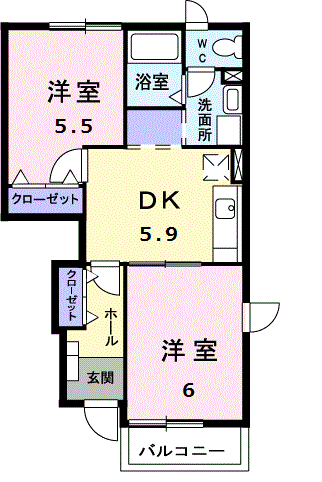ウォーター フィールド A(2K/1階)の間取り写真