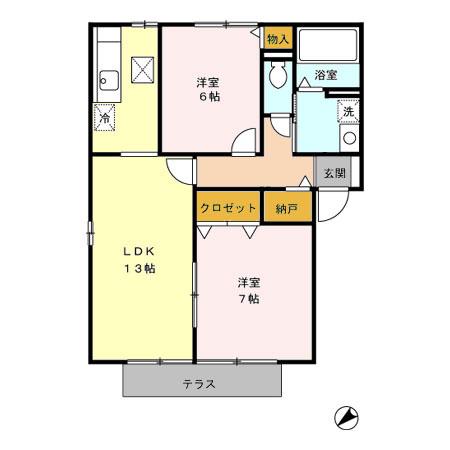 シャンクレールよもぎ台 B棟(2LDK/1階)の間取り写真