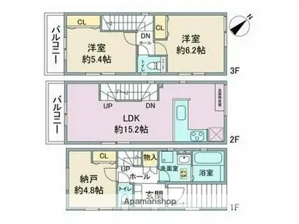 名古屋市東山線 本郷駅(愛知) 徒歩9分 3階建 築2年(2SLDK)の間取り写真