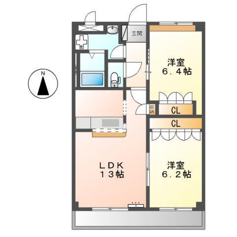 プラセール若林(2LDK/3階)の間取り写真