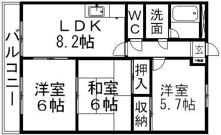 グランディール羽根(3DK/2階)の間取り写真