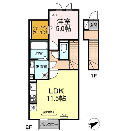 ラフィネ藤川(1LDK/2階)の間取り写真