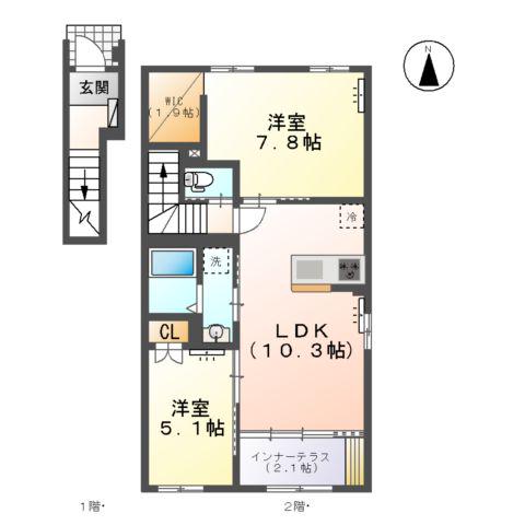 北方町中島字東郷AP(2LDK/2階)の間取り写真