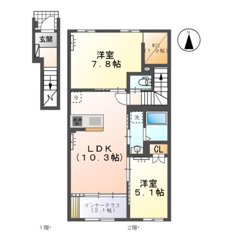北方町中島字東郷AP(2LDK/2階)の間取り写真