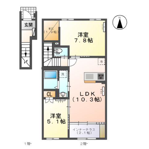 北方町中島字東郷AP(2LDK/2階)の間取り写真