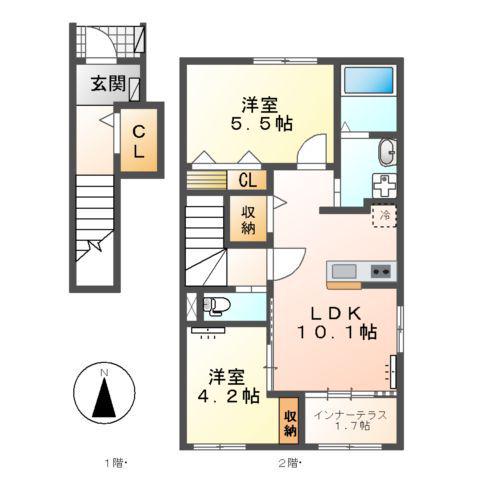 豊山町青山六和アパート(2LDK/2階)の間取り写真