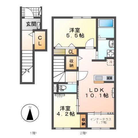 豊山町青山六和アパート(2LDK/2階)の間取り写真