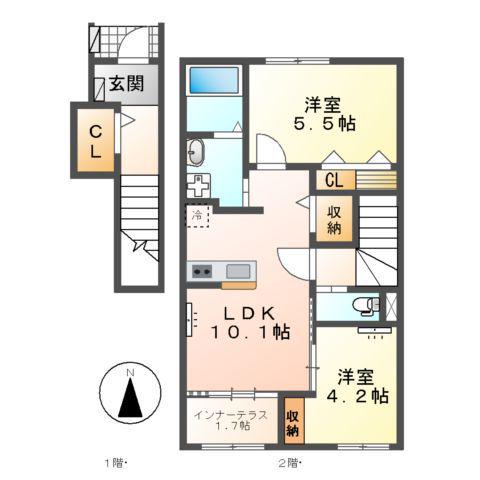 豊山町青山六和アパート(2LDK/2階)の間取り写真