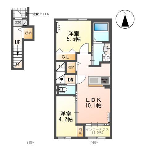 犬山市裏之門アパート(2LDK/2階)の間取り写真
