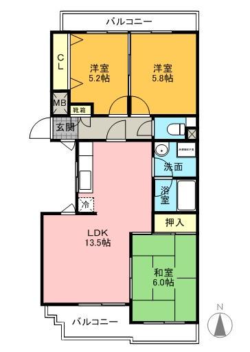 グレイスコート原(3LDK/2階)の間取り写真