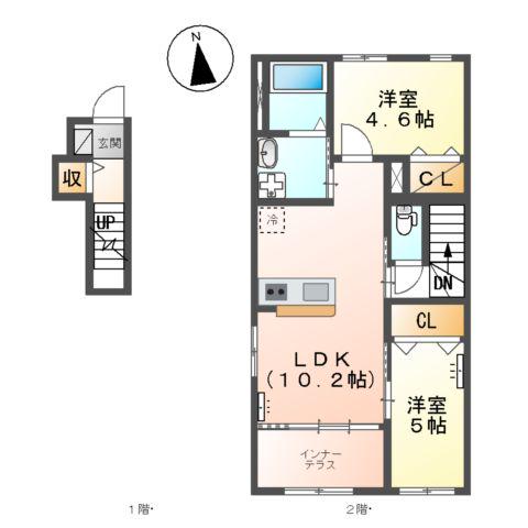 コンフォート 平ヶ野(2LDK/2階)の間取り写真