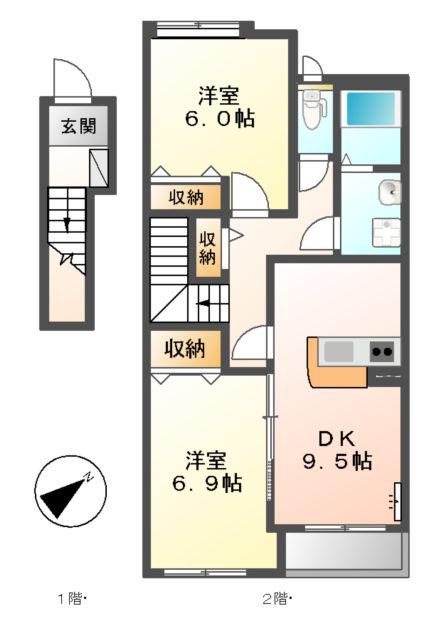 オアシス(2DK/2階)の間取り写真
