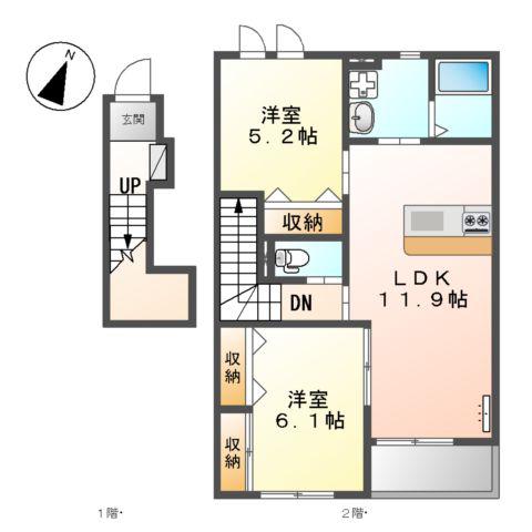 アイリス一ツ木 2(2LDK/2階)の間取り写真