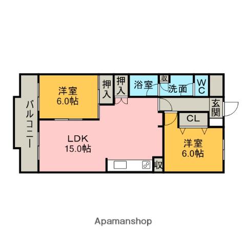 コンフォート若草(2LDK/6階)の間取り写真