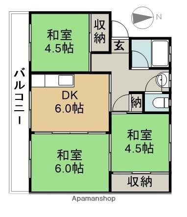 萱津ビップ(3DK/4階)の間取り写真