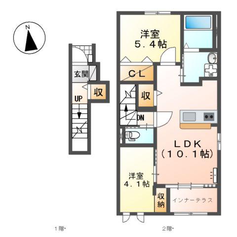 サントル ヴィラージュ村部 B(2LDK/2階)の間取り写真