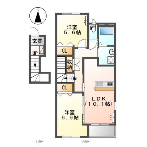 グリーン ドエル(2LDK/2階)の間取り写真