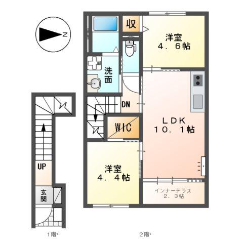 あま市新居屋大日北アパート(2LDK/2階)の間取り写真