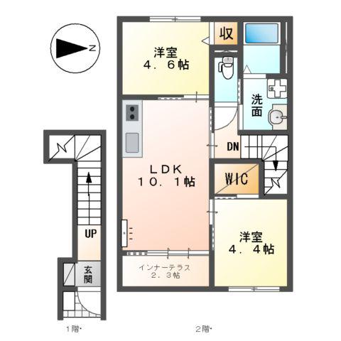 あま市新居屋大日北アパート(2LDK/2階)の間取り写真