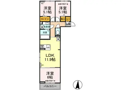 D-ROOM気噴町PJ B棟(3LDK/2階)の間取り写真