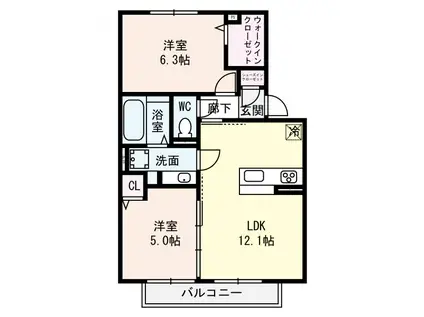 RASSURER LIEU ASAHI(2LDK/2階)の間取り写真