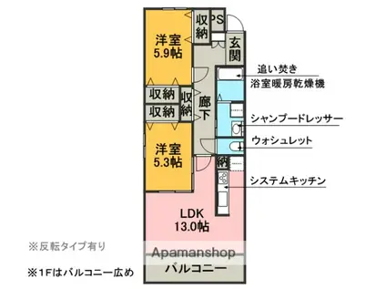 近鉄名古屋線 川原町駅 徒歩14分 4階建 築14年(2LDK/1階)の間取り写真