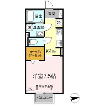 グランモア矢内谷Ⅱ(1K/2階)の間取り写真