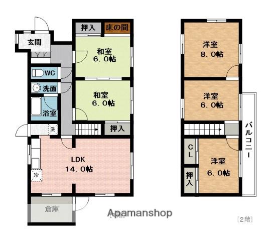近鉄大阪線 美旗駅 バス乗車時間：7分 馬塚前バス停で下車 徒歩4分 2階建 築44年(5LDK)の間取り写真
