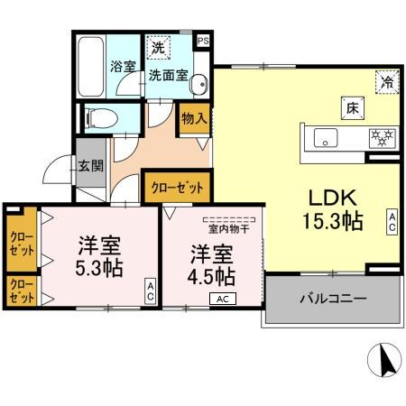 D-CHAMBRE新矢田(2LDK/1階)の間取り写真