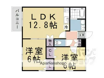 デファーンドル長岡京(2LDK/1階)の間取り写真