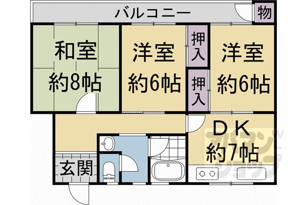 一言寺団地 A-1棟(3DK/2階)の間取り写真