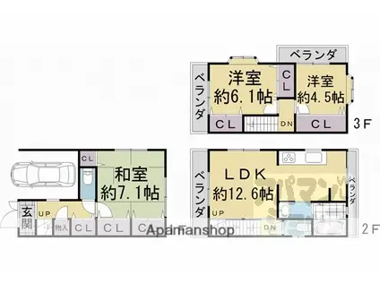 山陰本線 二条駅 徒歩10分 3階建 築21年(3LDK)の間取り写真