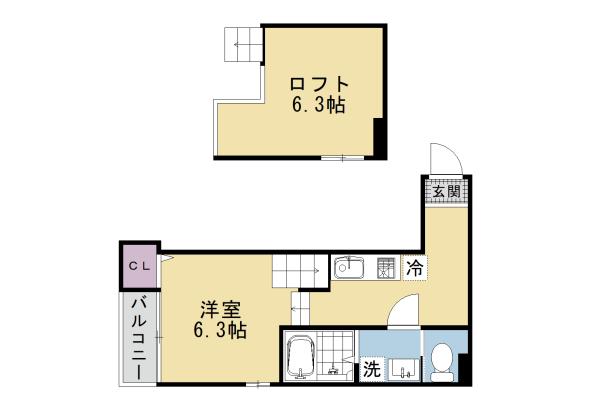 ハーモニーテラス淀下津町Ⅱ(1K/2階)の間取り写真