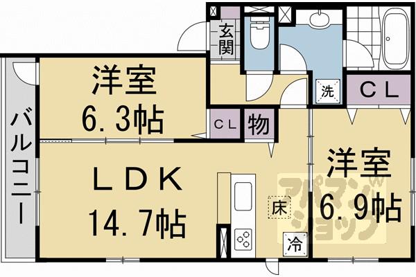 エンラージ西院(2LDK/1階)の間取り写真