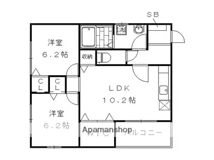 ベルビュー太秦(2LDK/2階)の間取り写真