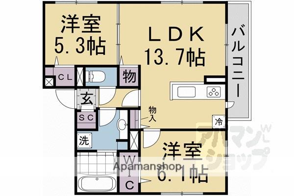 GRAMM東小野掘町イースト(2LDK/2階)の間取り写真
