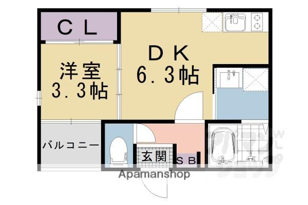 デルソーレ山科(1DK/2階)の間取り写真