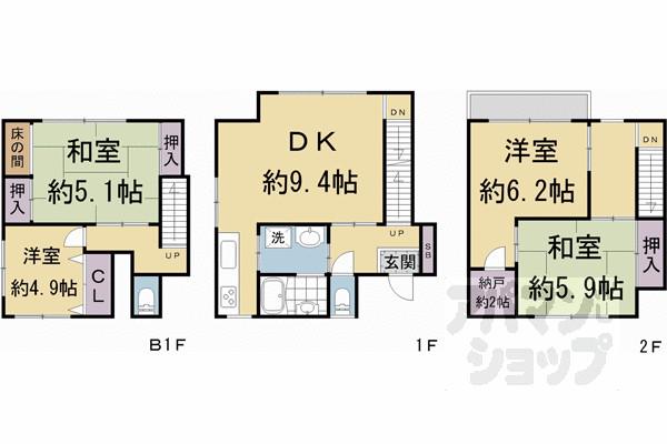 奈良線 桃山駅 徒歩3分 2階建 築37年(4SLDK)の間取り写真