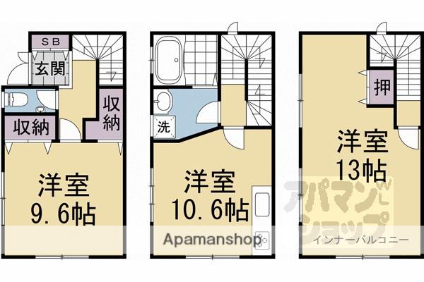 山陰本線 二条駅 徒歩5分 3階建 築34年(2LDK)の間取り写真