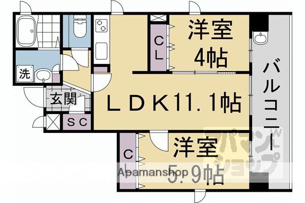 VERTICE四条富小路(2LDK/3階)の間取り写真