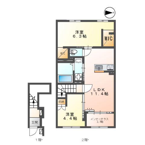 城陽市寺田アパート(2LDK/2階)の間取り写真