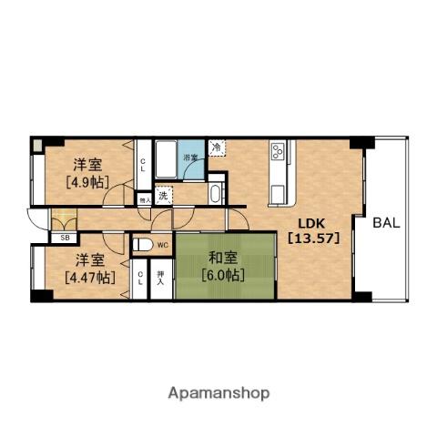 フロンティアタワー難波イーストグランソレイユ日本橋(3LDK/2階)の間取り写真