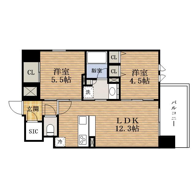 エスリードザ・グランUEHOMMACHI(2LDK/13階)の間取り写真