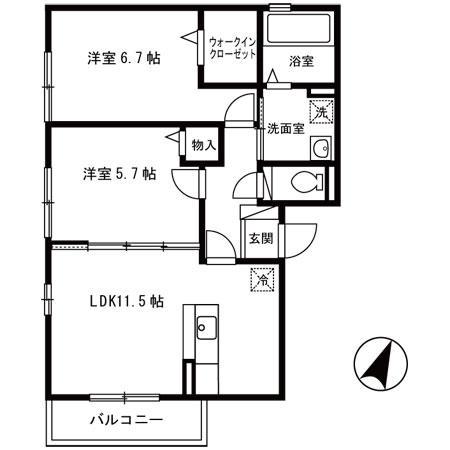 カーサ サンシビリテ ドゥーエ(2LDK/2階)の間取り写真