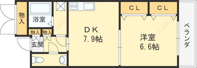 プリムローズ八戸ノ里(1LDK/2階)の間取り写真
